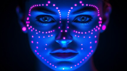 Futuristic face of a woman with glowing LED patterns in magenta and blue tones blending surrealism cyber aesthetics and advanced digital artistry © Leo Rohmann