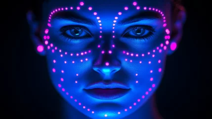 Futuristic face of a woman with glowing LED patterns in magenta and blue tones blending surrealism cyber aesthetics and advanced digital artistry © Leo Rohmann