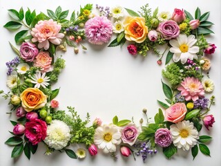 Fototapeta premium Horizontal Floral Frame for Elegant Wedding Invitation Card Design on a Clean White Background Featuring Vibrant Blooms and Lush Greenery to Enhance Romantic Aesthetics