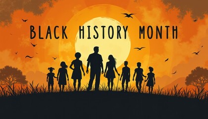 Black History Month celebration poster. BHM Wallpaper. African-American people background in warm colors 2D drawing art style