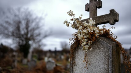Gravestone Surrounded by Wilted Flowers Under a Gray Sky