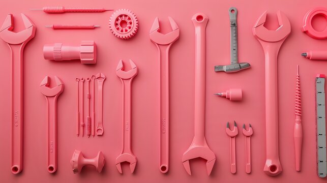 A flat lay of pink tools on a pink background.
