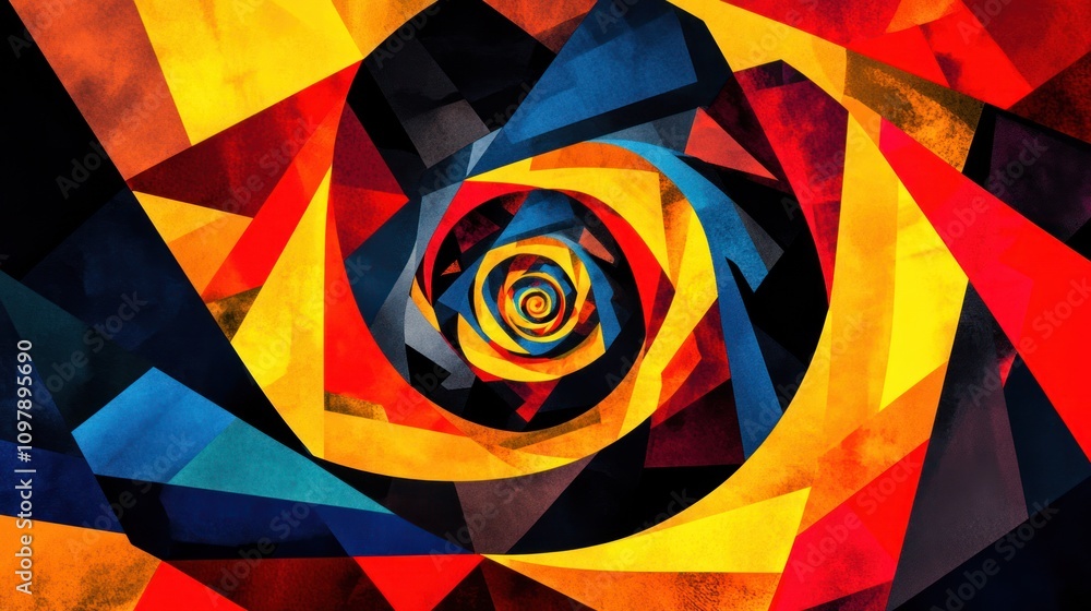 Poster a bold abstract spiral featuring sharp angles and contrasting colors, creating a dynamic visual tens