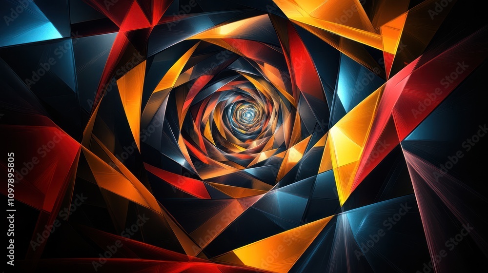Poster a bold abstract spiral featuring sharp angles and contrasting colors, creating a dynamic visual tens