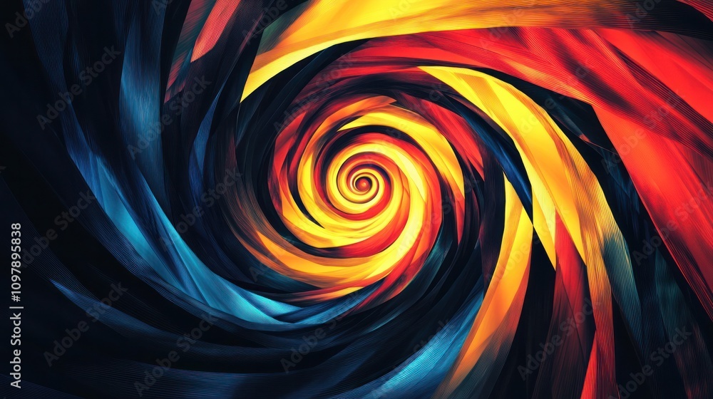 Poster a bold abstract spiral featuring sharp angles and contrasting colors, creating a dynamic visual tens