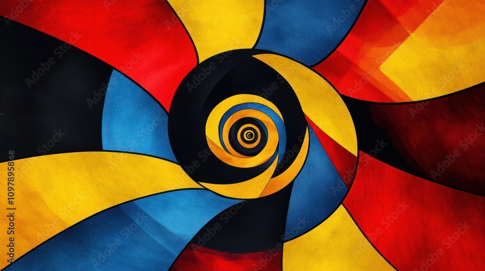 Poster a bold abstract spiral featuring sharp angles and contrasting colors, creating a dynamic visual tens