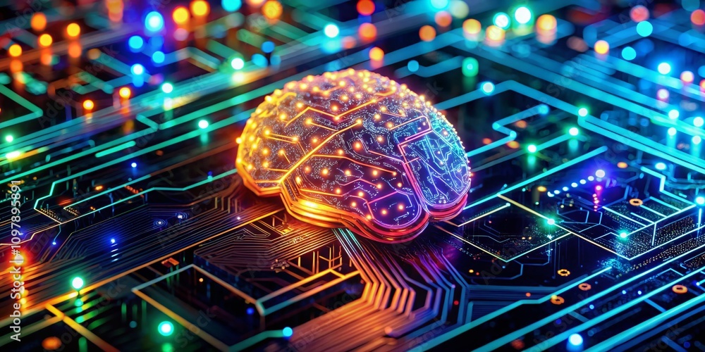Poster illuminated computer circuits powered by ai brain technology in a high depth of field setting, showc