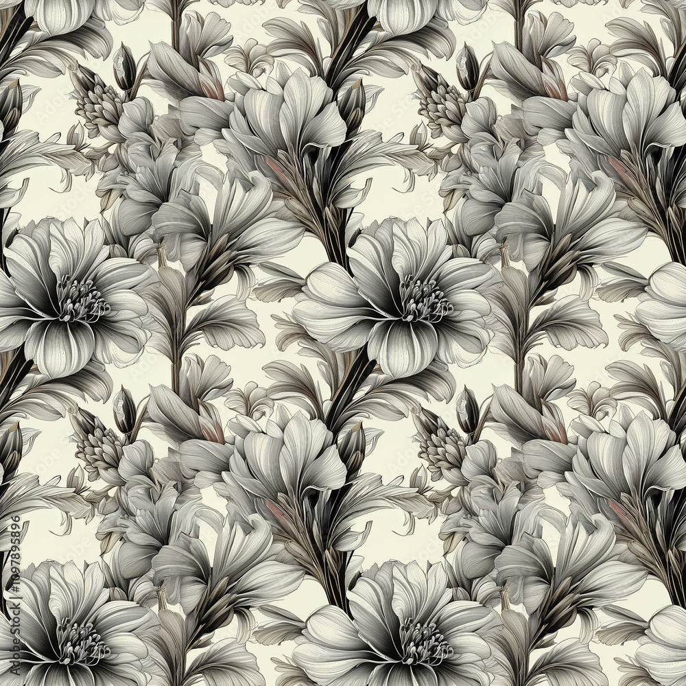 Poster intricate floral pattern in grayscale with elegant detailing and seamless design