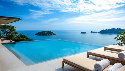 Fototapeta premium A serene infinity pool overlooking the ocean and islands under a clear blue sky.