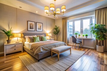 Illuminated Modern Bedroom Interior with Light Walls Showcasing Contemporary Design, Cozy Atmosphere, and Elegant Decor in a Spacious Layout