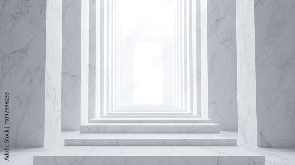 Poster a clean passageway with white beams and a subtle shadow effect for depth