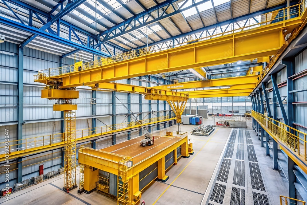 Poster impressive overhead crane in a modern hangar with a yellow lifting block against striking architectu