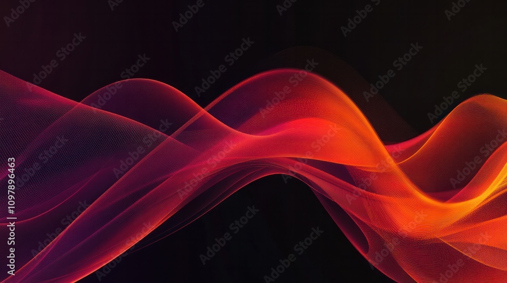 Poster wave-like pattern in shades of red and orange flowing smoothly across a dark background