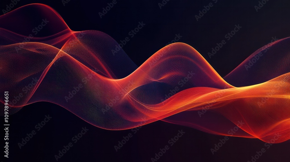Poster wave-like pattern in shades of red and orange flowing smoothly across a dark background