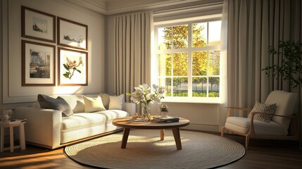 Fototapeta premium Sunlight streams through a large window into a living room, illuminating a cream-colored sofa and armchair. A neutral color palette creates a calm and inviting atmosphere.