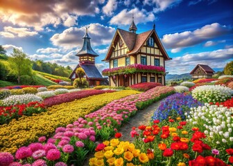 Surreal Flower Fields Architecture, Dreamy Building, Botanical Photography, Artistic Landscape
