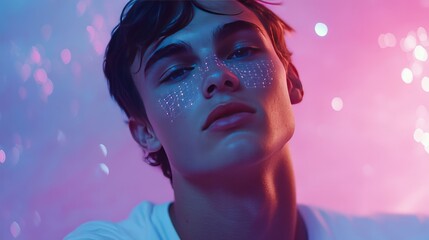 Side profile of a young person with short hair illuminated by soft pink and blue light blending modern simplicity and futuristic elegance
