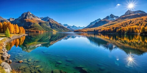 Fototapeta premium A mountain lake reflecting the vibrant colors of fall foliage and the brilliance of a sunlit sky