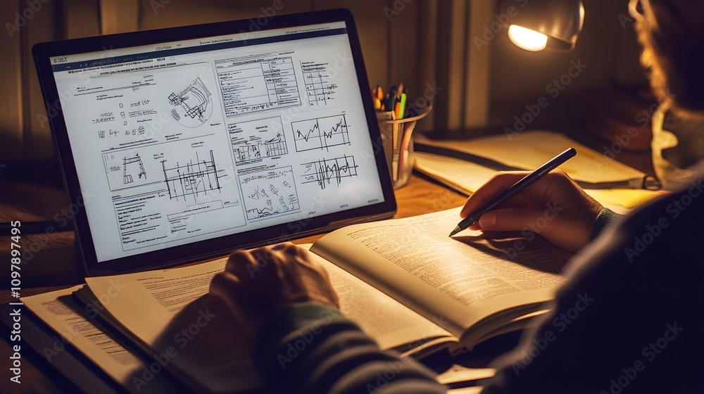 Poster a person studying with a laptop displaying graphs and notes in a cozy, well-lit environment.