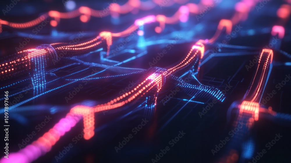 Poster blockchain network with multiple nodes and connections radiating outward. each node is illuminated w