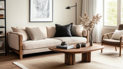 Fototapeta premium Beige linen sofa with dark throw pillows sits in a minimalist living room with a wooden coffee table and a wooden armchair. Dried flowers add a touch of nature.
