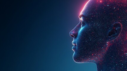 Silhouette of a woman with a glowing digital nebula effect on her profile illuminated in blue and red light symbolizing cosmic and technological themes