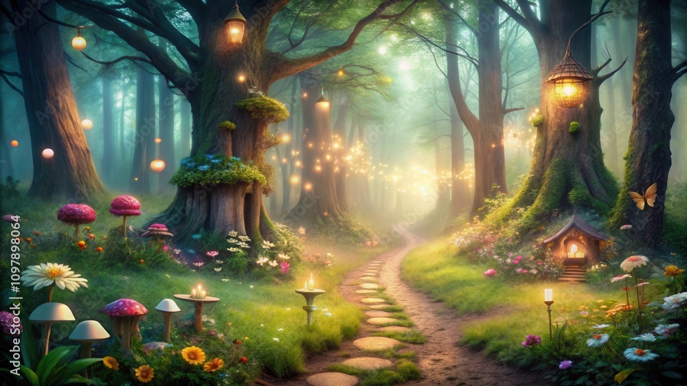 Aufkleber a magical forest path illuminated by glowing lanterns, leading through a mystical realm of towering 