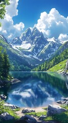 Serene mountain landscape with vibrant blue lake and towering peaks under a sunny sky.