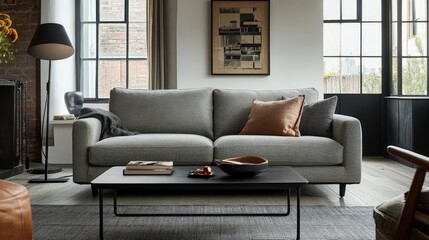 Obraz premium Modern living room with a gray fabric sofa, complemented by warm-toned throw pillows and a sleek coffee table. Large windows offer ample natural light.