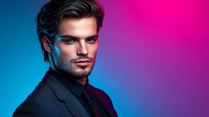 Fototapeta premium Portrait of a confident man in a sleek black suit illuminated by vibrant magenta and cyan lighting conveying power and sophistication with a futuristic edge