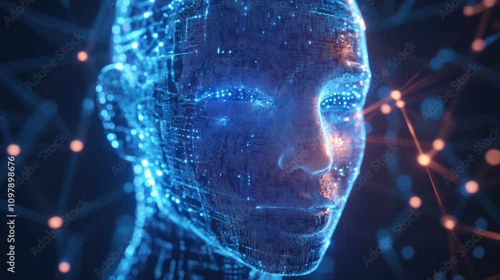 Poster intricate geometric shapes and glowing lines, symbolizing the fusion of artificial intelligence and 