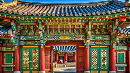 Obraz premium Intricate Details of the Gate of a Korean Traditional Palace Captured in Macro Photography, Showcasing Beautiful Patterns and Textures of Cultural Heritage and Architecture