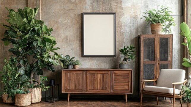 A stylish living room interior featuring a mid-century modern sideboard, a textured wall, and lush potted plants.  A blank frame hangs above, offering space for personalization.