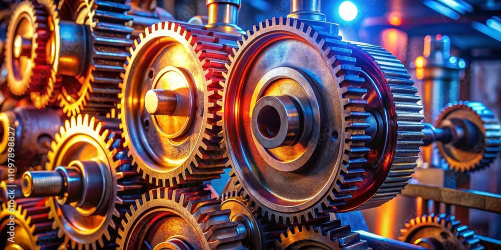 Poster intricate engine gear wheels in industrial setting captured with rule of thirds, showcasing mechanic