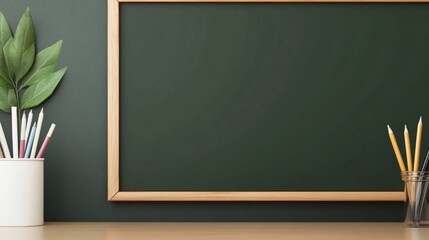 Classroom with blank blackboard and school supplies on the desk. Generative AI