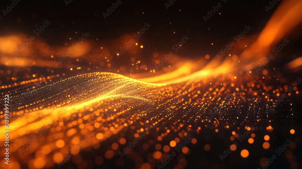 Poster representation of orange particles flowing through a network of optical fibers, illuminated against 