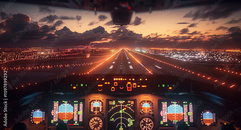 Poster a nighttime landing from the perspective of a cockpit approaching a runway. the runway lights should