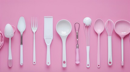 A row of pink and white kitchen utensils on a pink background.