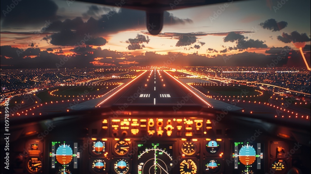 Poster a nighttime landing from the perspective of a cockpit approaching a runway. the runway lights should