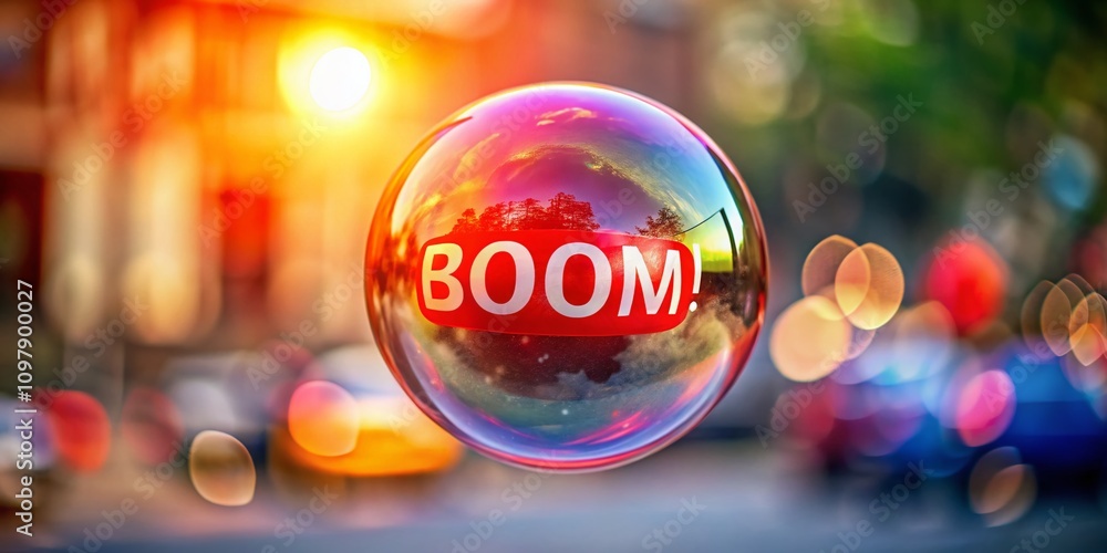 Poster Isolated BOOM Red Bubble Surrounded by Soft Blurred Background, Emphasizing the Unique Shape and Vivid Color of the Bubble in a Captivating Tilt-Shift Photography Style