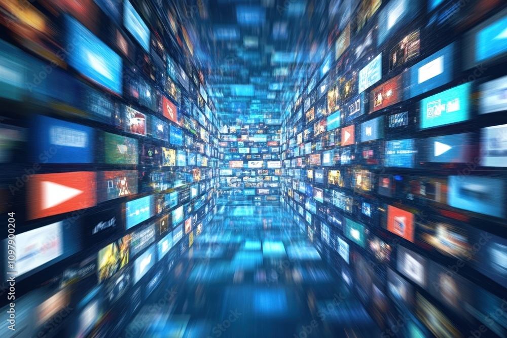 Poster exploring the digital realm with vibrant media streams in a futuristic setting
