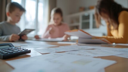 Family Engaging in Budgeting Activities at Dining Table