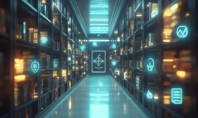 Obraz premium Futuristic library, glowing digital data icons.