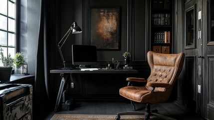 A dark and moody home office features a brown leather chair, a sleek desk, and a computer. The room is decorated in dark colors with a touch of greenery.