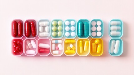 A neatly organized pill organizer filled with an array of colorful pills, including vibrant reds, greens, and blues, set against a soft pastel backdrop.