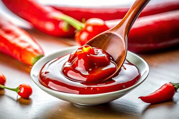 Intense Red Sriracha Sauce Dripping from a Spoon on a Clean White Background for Culinary Imagery