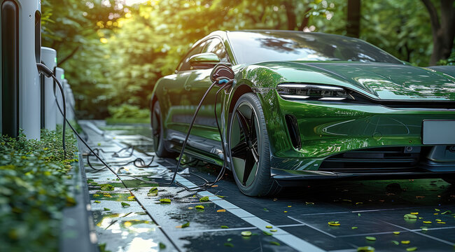 EV car in green color with at the white charging spot the charger behind the car connected showing a foolscap grey parking and beautiful greenery behind the parking area.
