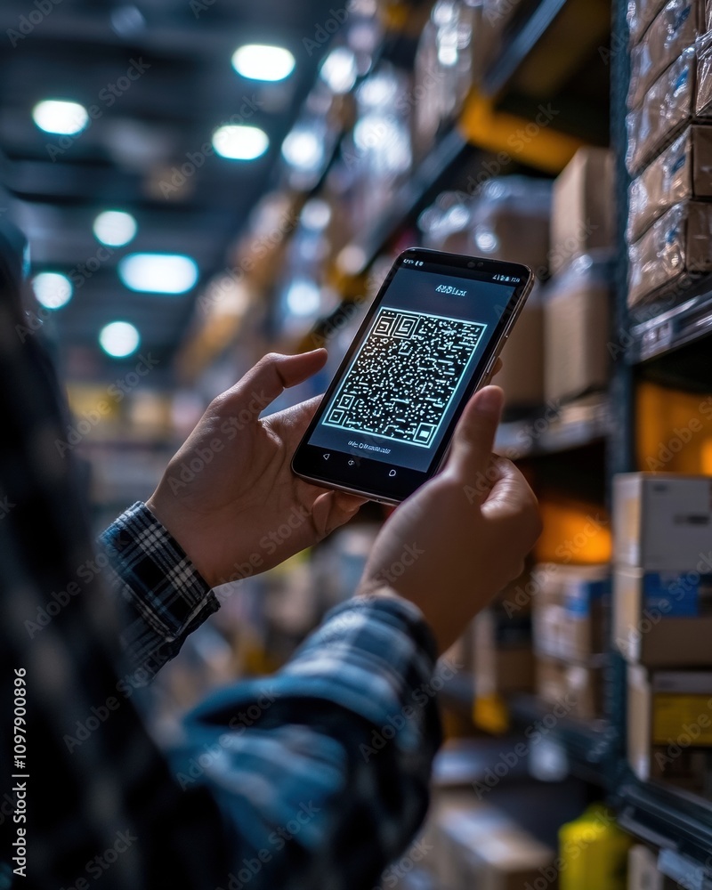 Poster a person scanning a qr code on a smartphone in a warehouse setting.