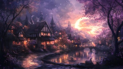 Fototapeta premium Enchanting sunset over a whimsical village by the lake surrounded by blooming trees.
