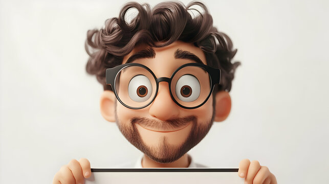 3D Cartoon Illustration Cheerful Man Holding Sign